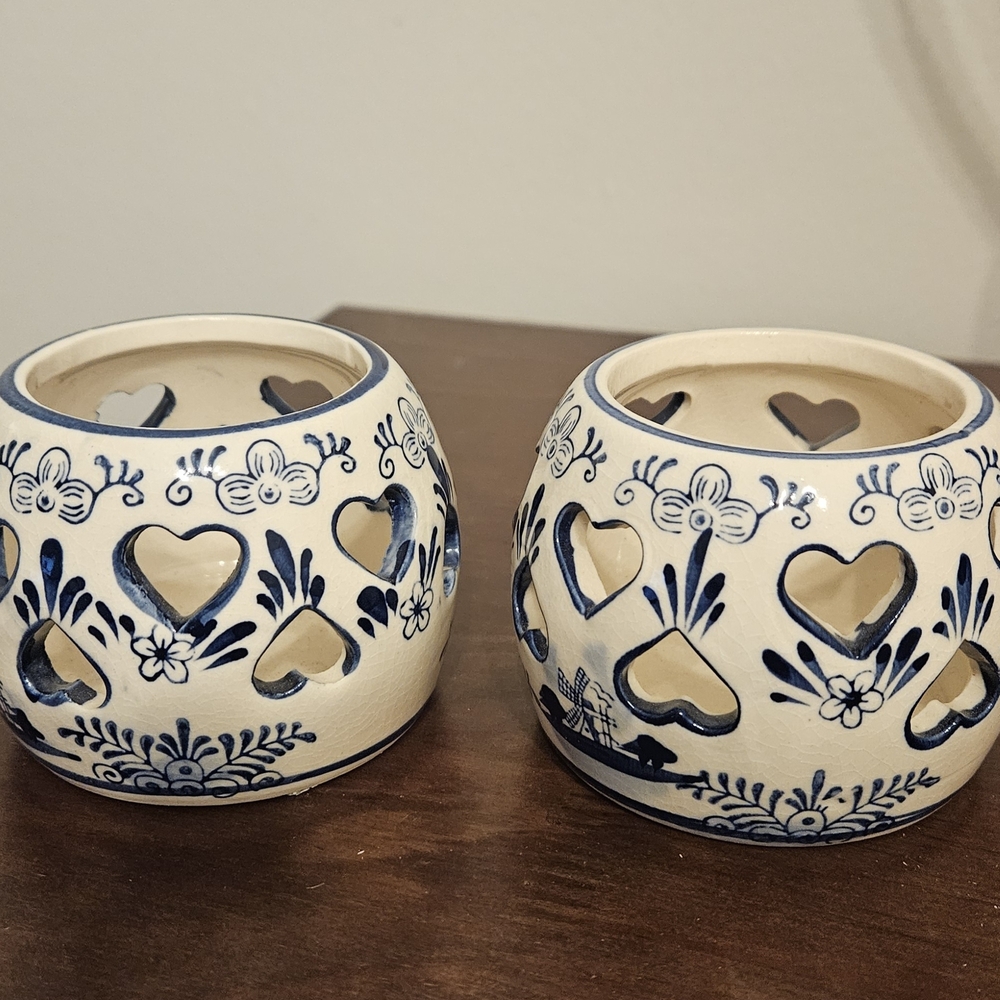 Set of 2 Delft Style Votive/Tea Light Candle Holders with Heart Cut Outs